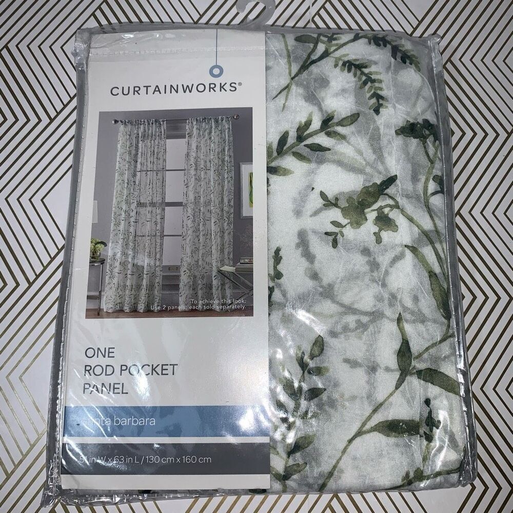 Curtainworks One Rod Pocket Panel Curtain‎ Santa Barbara Green White 51x63 New